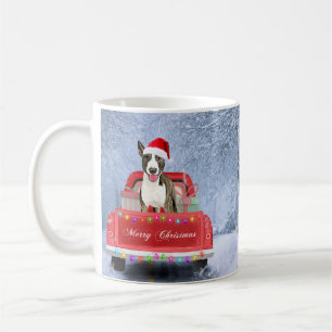 Bull Terrier Dog in Snow sitting in Christmas Coffee Mug