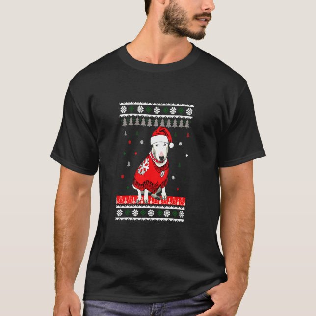 Bull Terrier Dog Light Christmas Wearing Santa Hat T-Shirt (Front)