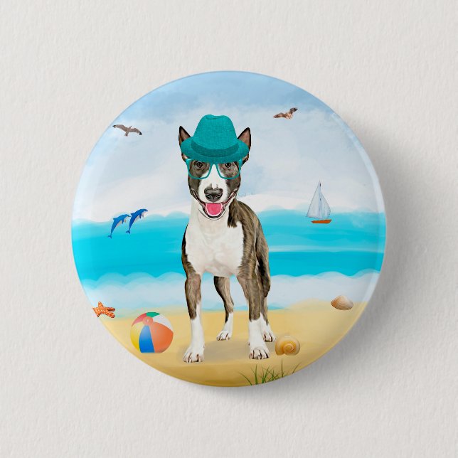 Bull Terrier Dog on Beach 6 Cm Round Badge (Front)