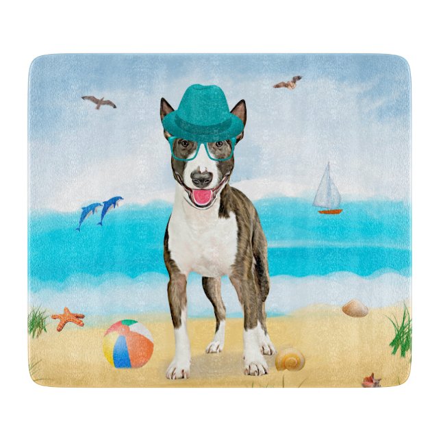 Bull Terrier Dog on Beach Cutting Board (Front)