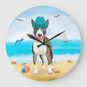 Bull Terrier Dog on Beach Large Clock