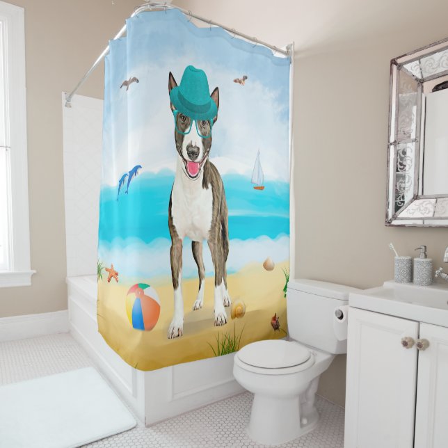 Bull Terrier Dog on Beach Shower Curtain (In Situ)