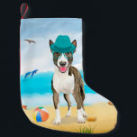Bull Terrier Dog on Beach Small Christmas Stocking<br><div class="desc">Cute dog sitting on beach is a perfect gift idea for someone who love this dog breed.</div>