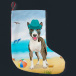 Bull Terrier Dog on Beach Small Christmas Stocking<br><div class="desc">Cute dog sitting on beach is a perfect gift idea for someone who love this dog breed.</div>