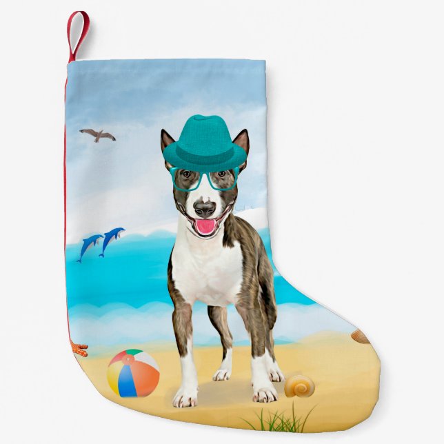 Bull Terrier Dog on Beach Small Christmas Stocking (Front)