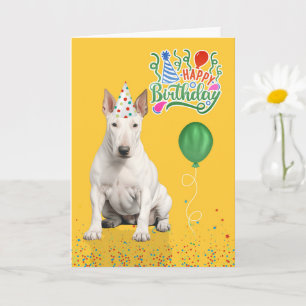 Bull Terrier Dog Party Hat Yellow Birthday Card