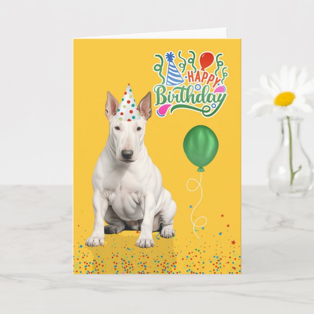 Bull Terrier Dog Party Hat Yellow Birthday Card (Small Plant)