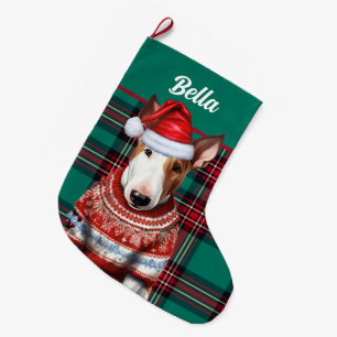 Bull Terrier Dog Red and Green Plaid Personalised Large Christmas Stocking