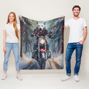 Bull Terrier Dog Riding Motorcycle Christmas Fleece Blanket