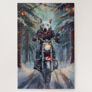 Bull Terrier Dog Riding Motorcycle Christmas Jigsaw Puzzle