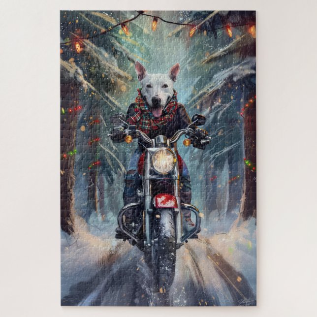 Bull Terrier Dog Riding Motorcycle Christmas Jigsaw Puzzle (Vertical)