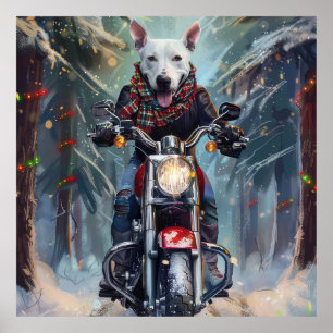 Bull Terrier Dog Riding Motorcycle Christmas Poster