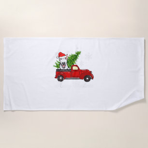 Bull Terrier Dog Riding Red Truck Christmas Decor Beach Towel