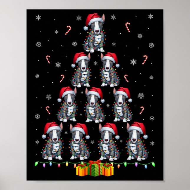 Bull Terrier Dog Santa Hat Xmas Lights Christmas T Poster (Front)