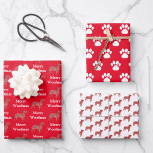 Bull Terrier Dog Silhouette Red Merry Woofmas Wrapping Paper Sheet