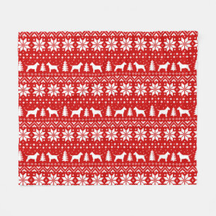 Bull Terrier Dog Silhouettes Christmas Holiday Red Fleece Blanket