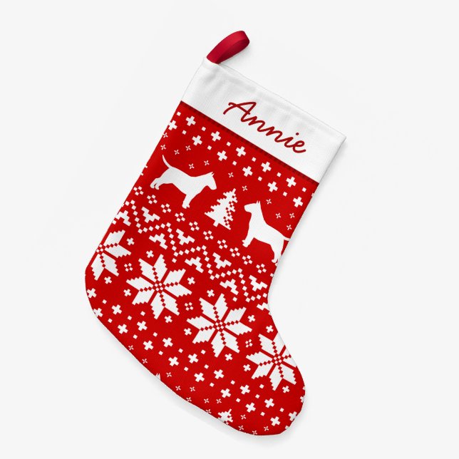 Bull Terrier Dog Silhouettes Pattern Red and White Small Christmas Stocking (Front (Hanging))
