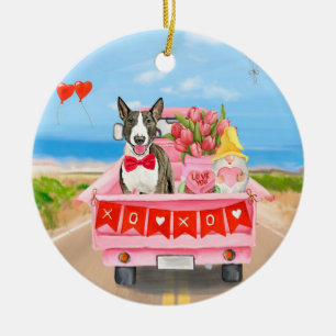 Bull Terrier Dog Valentine's Day Truck Hearts  Ceramic Ornament