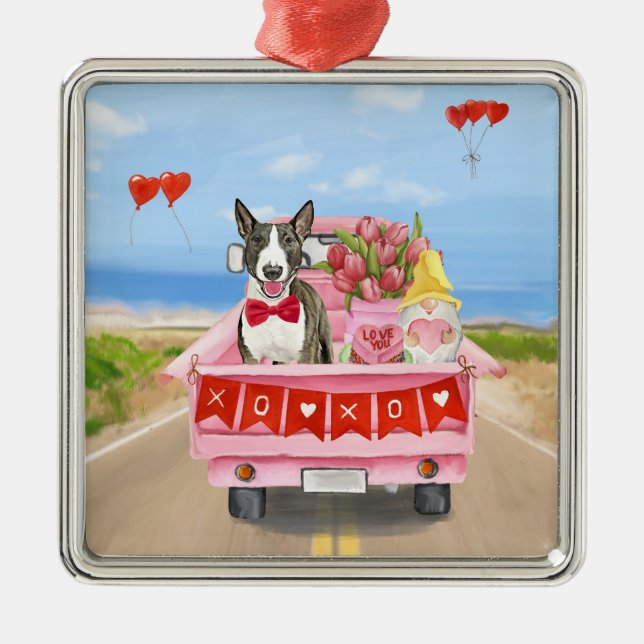 Bull Terrier Dog Valentine's Day Truck Hearts Metal Ornament (Front)