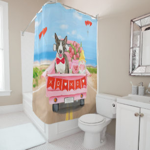 Bull Terrier Dog Valentine's Day Truck Hearts  Shower Curtain