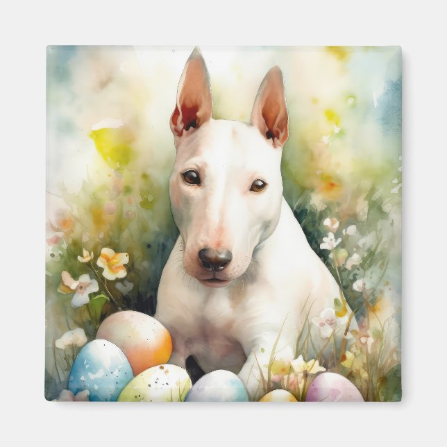 Bull Terrier Dog with Easter Eggs Holiday Magnet (Front)
