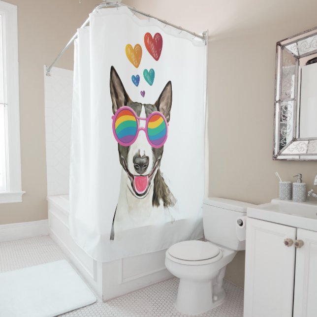 Bull Terrier Dog with Hearts Valentine's Day Shower Curtain (In Situ)