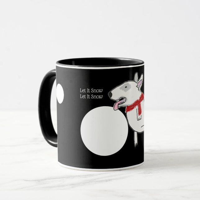 Bull Terrier Doodle enjoying a snowball Mug (Front Left)