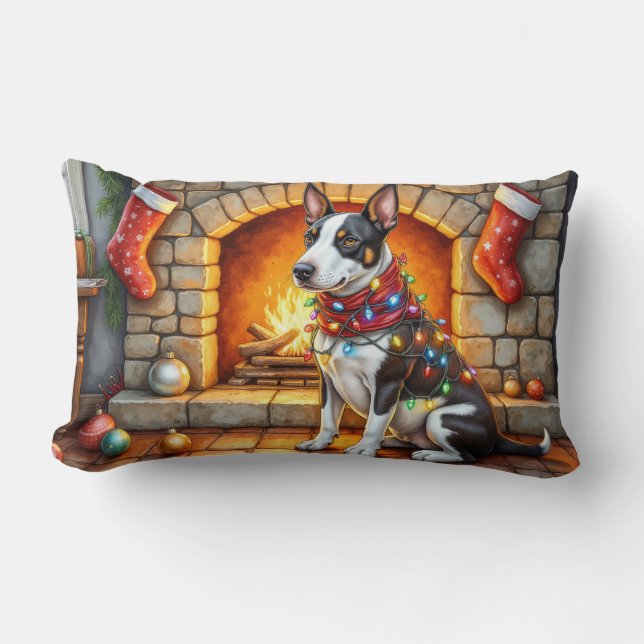Bull Terrier Fireplace with Christmas Lights Lumbar Cushion (Front)