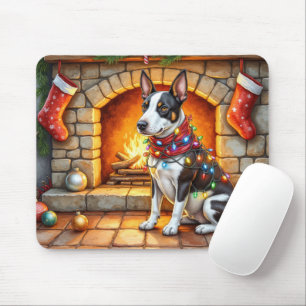 Bull Terrier Fireplace with Christmas Lights Mouse Pad
