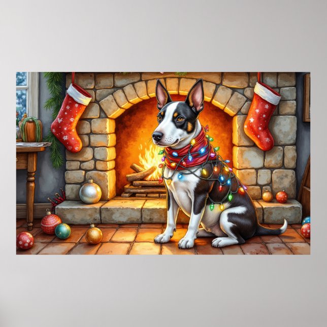 Bull Terrier Fireplace with Christmas Lights Poster (Front)