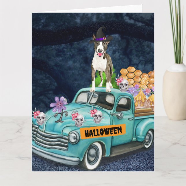 Bull Terrier Halloween Truck Scary Night Card (Front)