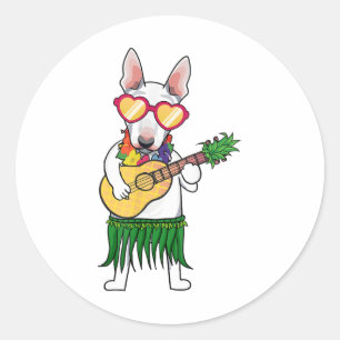 Bull Terrier Hawaiian Costume Playing Ukulele Summ Classic Round Sticker