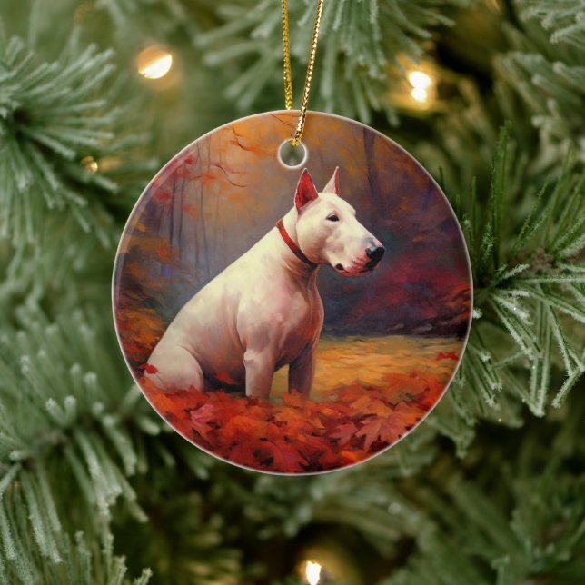 Bull Terrier in Autumn Leaves Fall Inspire  Ceramic Ornament (Tree)