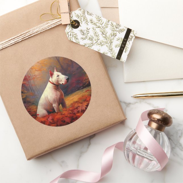 Bull Terrier in Autumn Leaves Fall Inspire  Classic Round Sticker (Gifting)