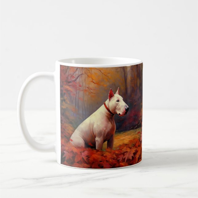 Bull Terrier in Autumn Leaves Fall Inspire  Coffee Mug (Left)