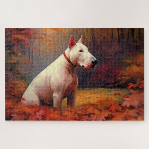 Bull Terrier in Autumn Leaves Fall Inspire Jigsaw Puzzle