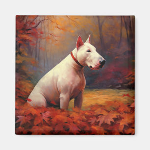 Bull Terrier in Autumn Leaves Fall Inspire  Magnet