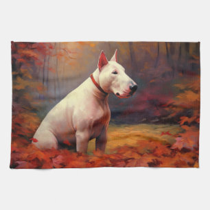 Bull Terrier in Autumn Leaves Fall Inspire  Tea Towel