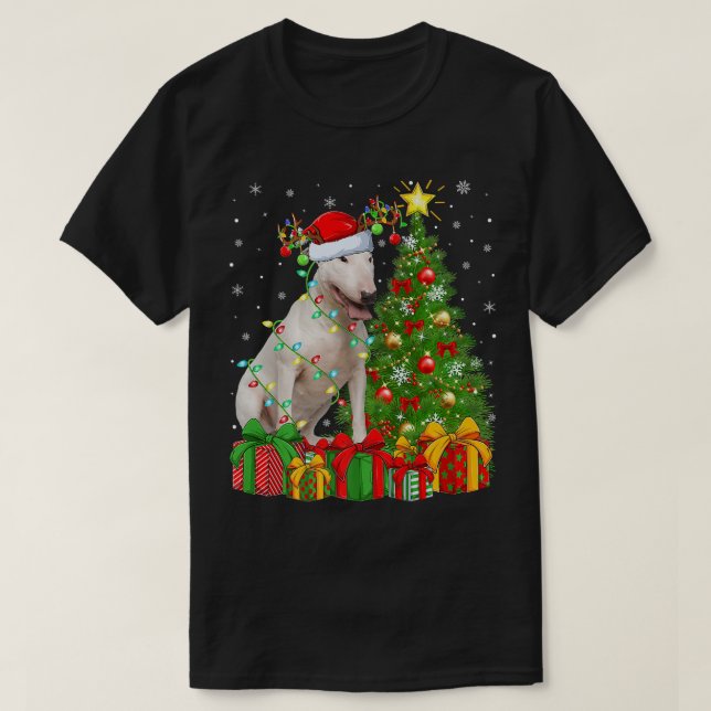 Bull Terrier Lighting Xmas Tree Santa Bull Terrier T-Shirt (Design Front)