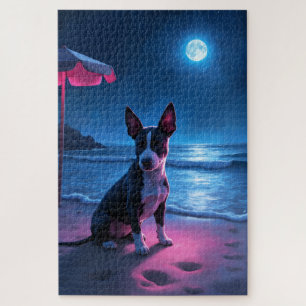 Bull Terrier Neon Beach Night Scene Jigsaw Puzzle