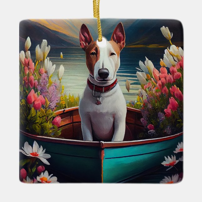 Bull Terrier on a Paddle: A Scenic Adventure Ceramic Ornament (Front)