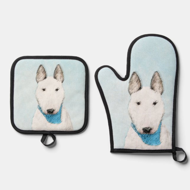 Bull Terrier Painting White English Cute Dog Art Oven Mitt & Pot Holder Set (Front)