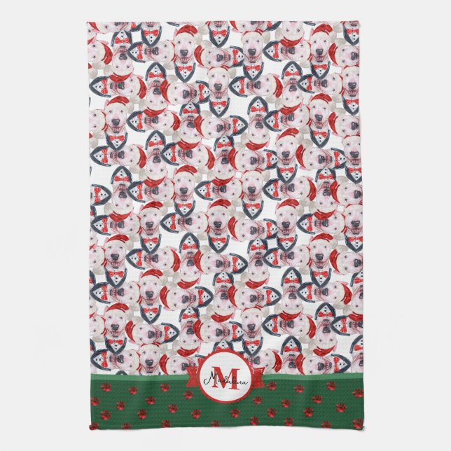 Bull Terrier Pattern Monogram Christmas Dog Tea Towel (Vertical)