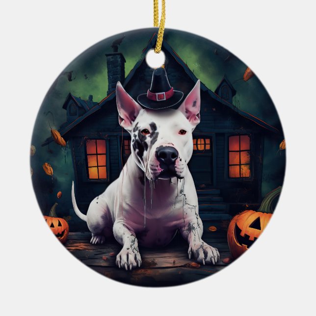 Bull Terrier Pumpkins Halloween Scary Ceramic Ornament (Front)