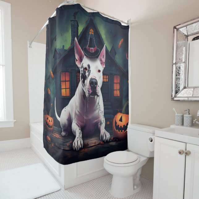 Bull Terrier Pumpkins Halloween Scary Shower Curtain (In Situ)