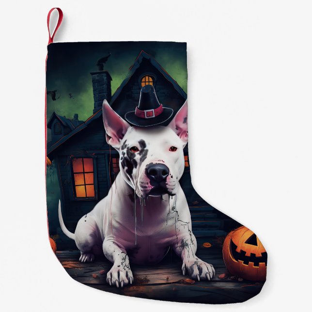 Bull Terrier Pumpkins Halloween Scary Small Christmas Stocking (Front)
