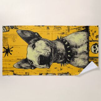 Bull Terrier Punk Portrait with Grunge Yellow Back Beach Towel