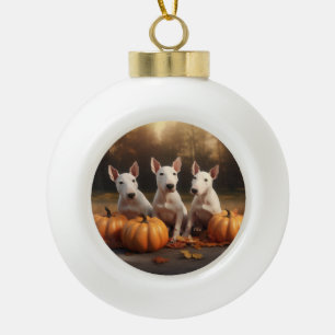 Bull Terrier Puppy Autumn Delight Pumpkin Ceramic Ball Christmas Ornament