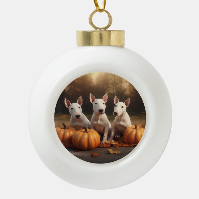 Bull Terrier Puppy Autumn Delight Pumpkin Ceramic Ball Christmas Ornament (Front)