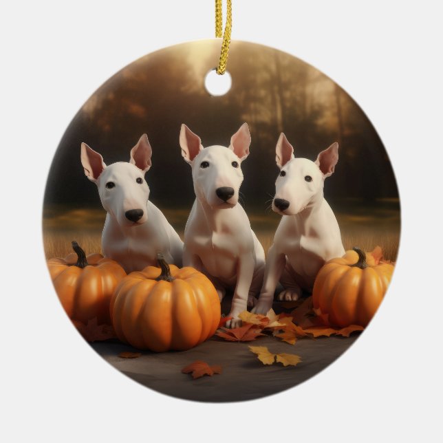 Bull Terrier Puppy Autumn Delight Pumpkin Ceramic Ornament (Front)